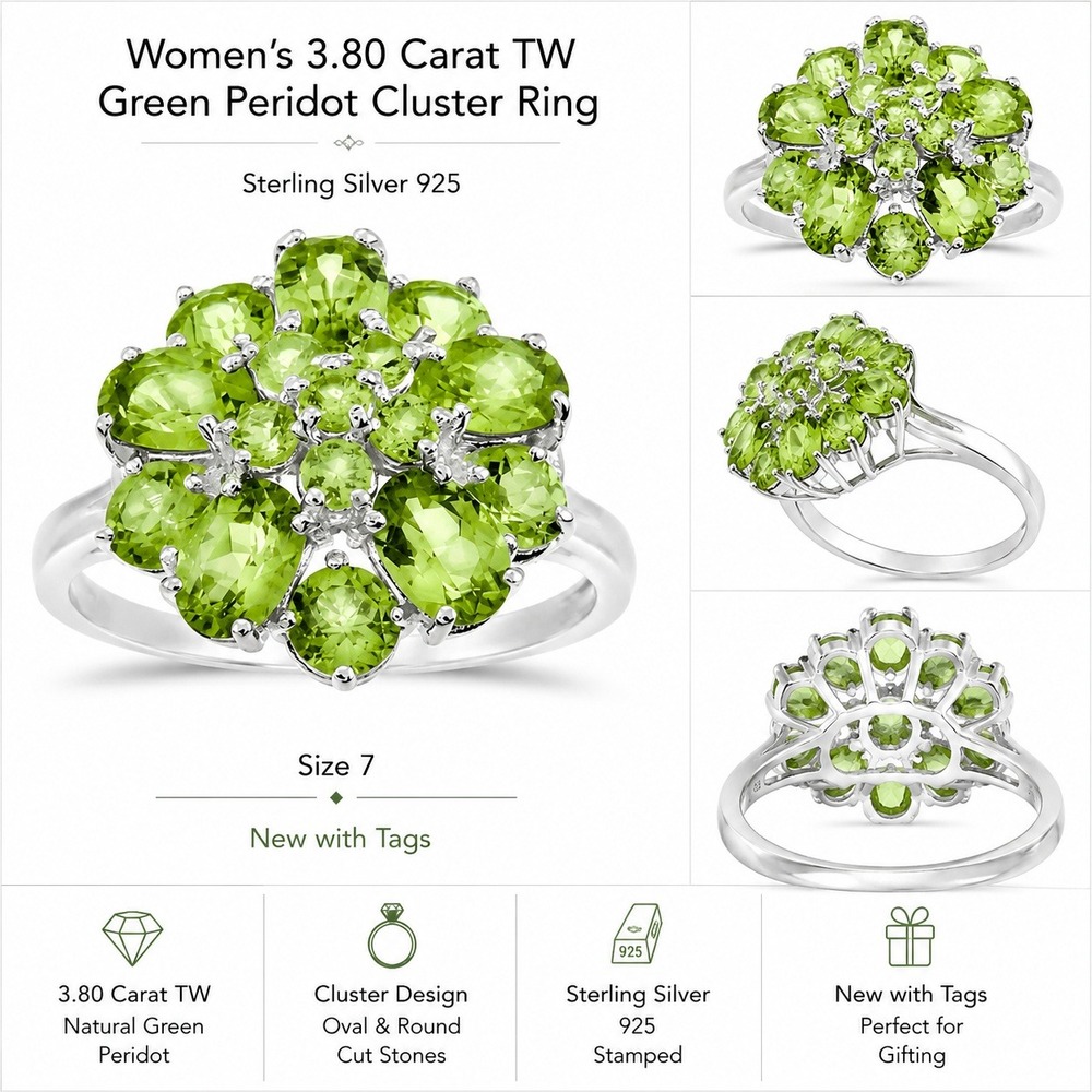 Womens 3.80 Carat Green Peridot Cluster Ring Sterling Silver‎ 925 Size 7 New